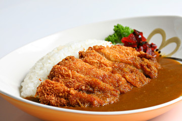 Japanese food fry pork tongkatsu curry with wood pattern 