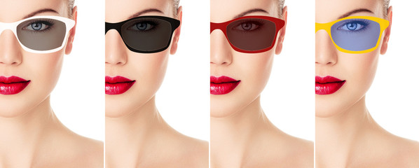 Young lady wearing glamour sunglasses with different frame form