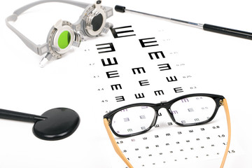optometrist chart and eye glasses