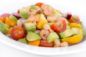 shrimp and avocado summer salad over white