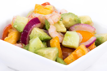 shrimp and avocado summer salad over white