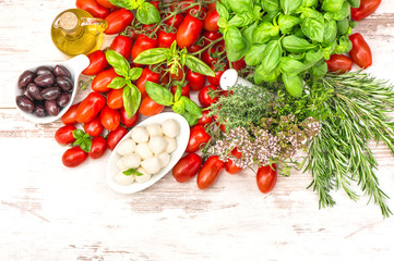 Fototapeta na wymiar tomatoes, basil leaves, mozzarella and olive oil. food backgroun