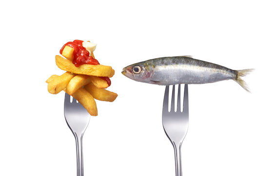 Fisch and chips auf Gabel