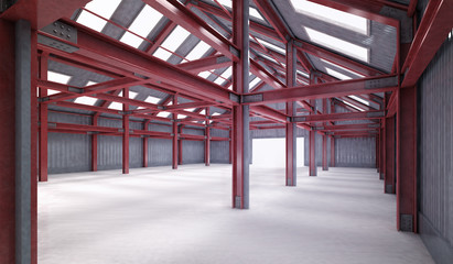 red steel framework building indoor perspective view