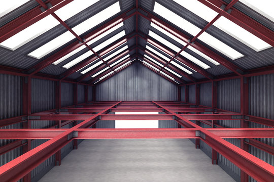 red steel industrial building indoor perspective view