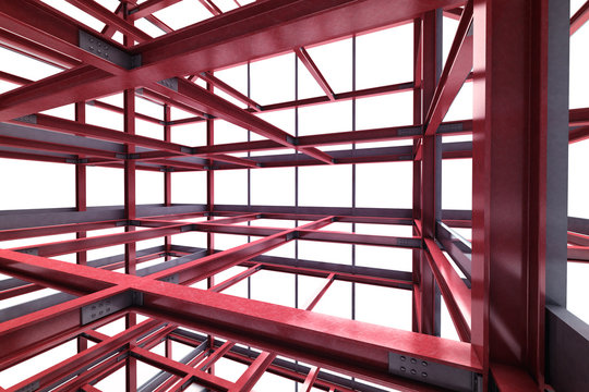 Red Steel Framework Building Indoor Perspective View Rendering