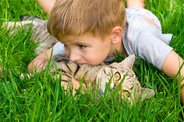 Cute boy with a kitten hugging lying in the grass