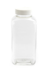 square transparent plastic bottle with white cover on top