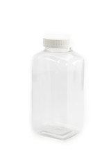 square transparent plastic bottle with white cover on top