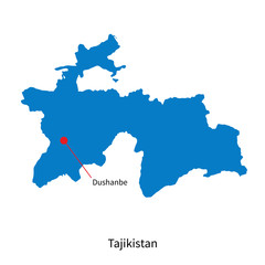 Detailed vector map of Tajikistan and capital city Dushanbe