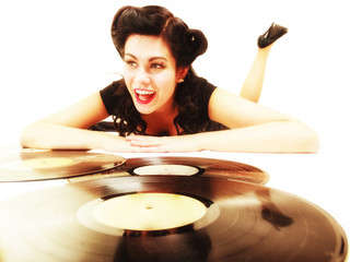 Girl with phonography analogue records music lover