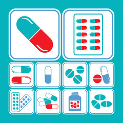 Medicines - tablet, pill & capsule icon set in blue & red theme