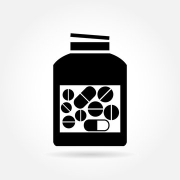 Medicine bottle with pills & capsules inside - vector icon