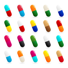 Medicines - pill or capsule vector icon set on white background