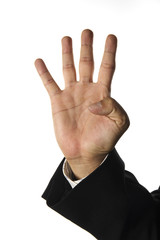 hand and businessman showing four fingers