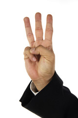 hand and businessman showing three fingers