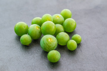 Unripe green grapes on dark background. Selective focus.