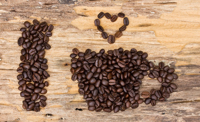 I love coffee made form coffee bean on wood background