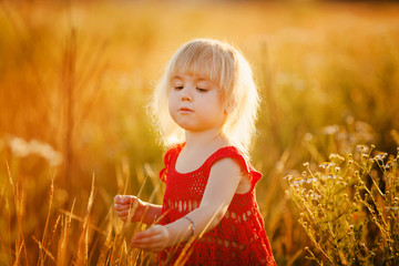 Blond girl in the field with flowers