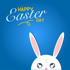 Happy easter day. Rabbit white on blue background with happy eas