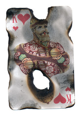 burnt playing card king of hearts background isolated