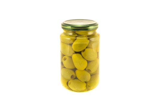 Green olives  glass jar isolated on white