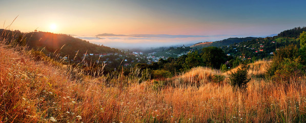 Slovakia city panorama at sunrise, Banska Stiavnica