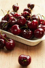 Fresh cherries in bowl on table