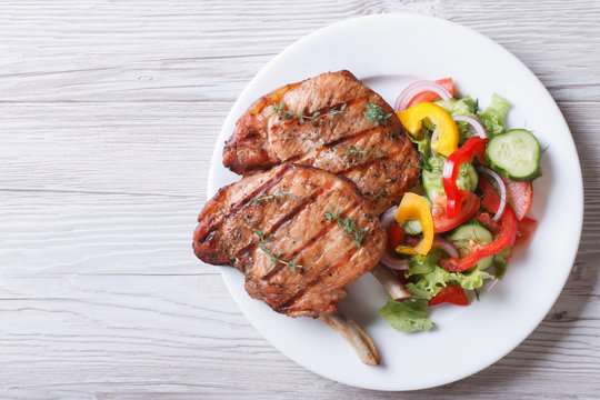 Pork Meat Grilled With Fresh Vegetable Salad Top View