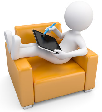 recommend clip art: Männchen auf Sessel mit einem tablet