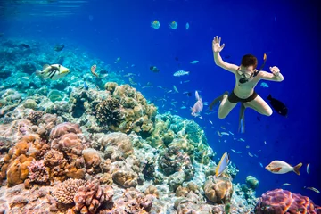 Fotobehang Duiken Snorkelaar Maldiven koraalrif in de Indische Oceaan.