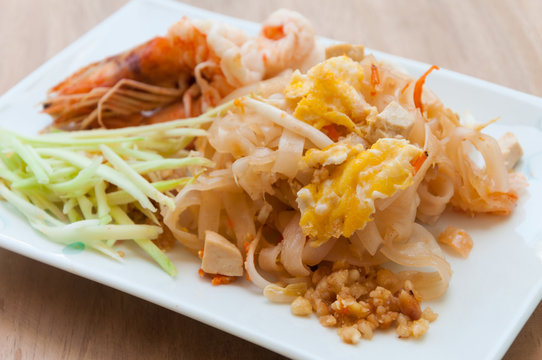 Seafood pad Thai dish of stir fried rice noodles
