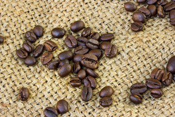 Coffee beans on Burlap Bag.
