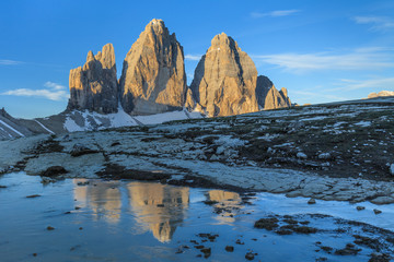 Tre cime di Lavaredo at sunrise, Dolomite Alps, Italy