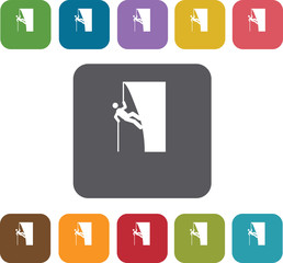 Hiking climbing icons set. Rectangle colorful 12 buttons. Illust