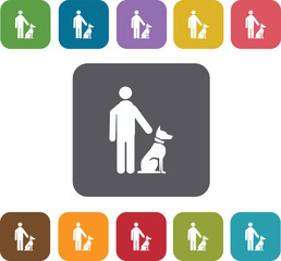 Man Dog Training Playing icons set. Rectangle colorful 12 button