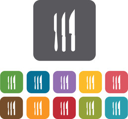 Kitchen knives icons set. Rectangle colorful 12 buttons. Illustr