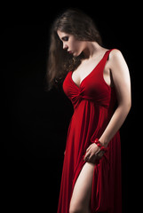 Beautiful Young Woman In Elegant Red Dress