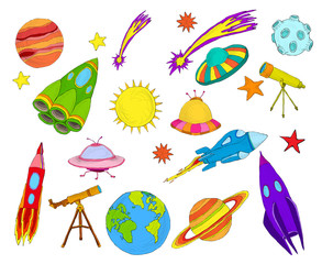 Space objects sketch set colored
