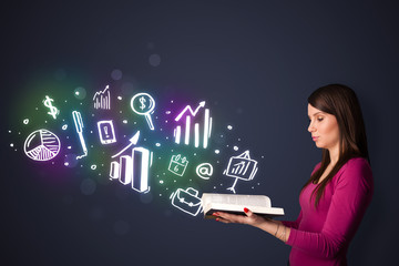 Young lady reading a book with business icons