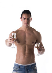 Romantic man offering a flute of champagne