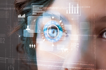 Future woman with cyber technology eye panel concept