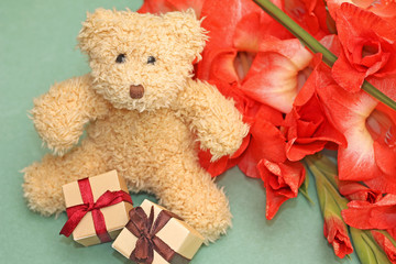 Gift to girlfriend - teddy bear and flowers