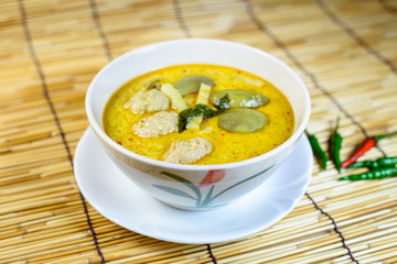 Spicy green curry with pork ball , Thai food cuisine