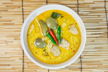 Spicy green curry with pork ball , Thai food cuisine