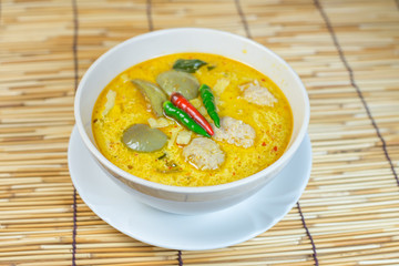 Spicy green curry with pork ball , Thai food cuisine