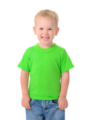 portrait of a cheerful boy in green t-shirt