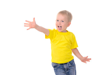 portrait of fashionable little boy in yellow t-shirt