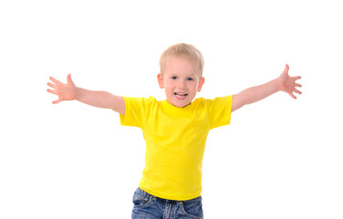 portrait of fashionable little boy in yellow t-shirt