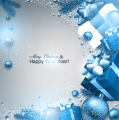 Christmas background with fir twigs, gifts and blue balls. Xmas